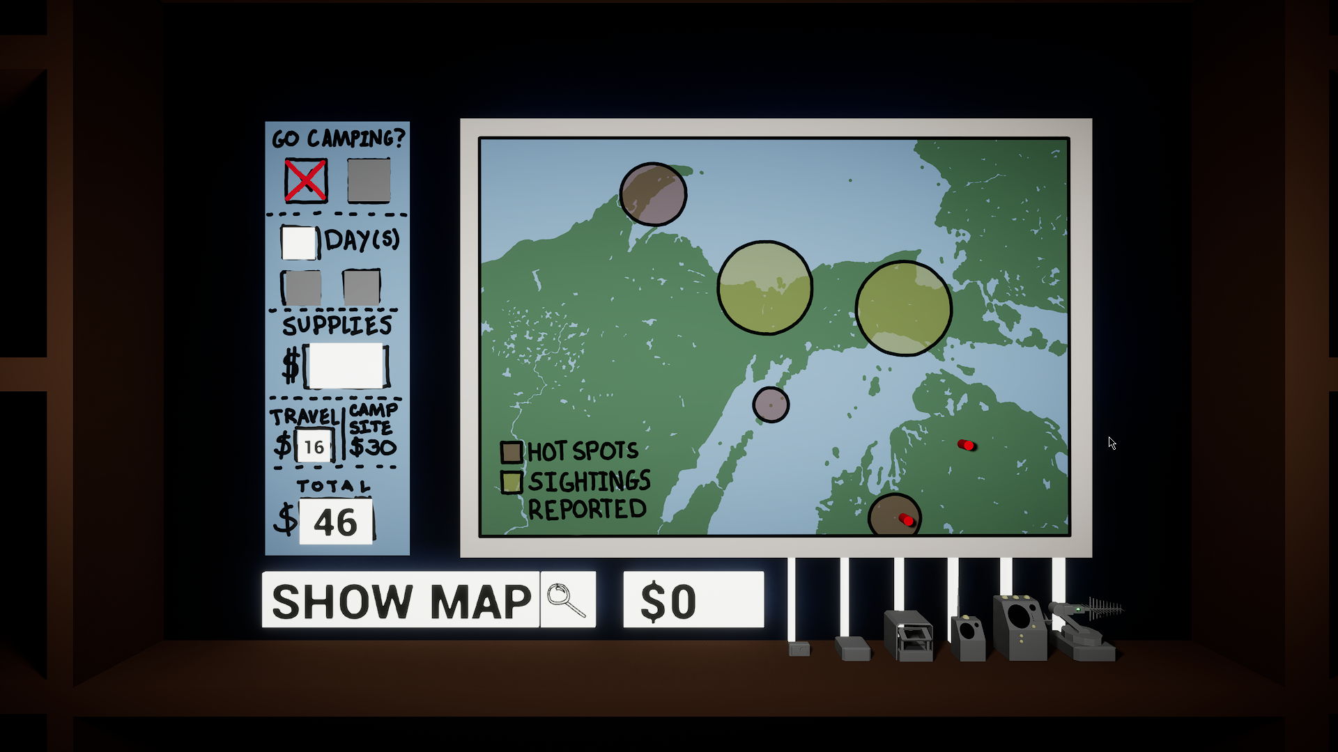 Camping menu screen showing a map of northern Michigan with a pin placed by the player, displaying travel distance cost information.